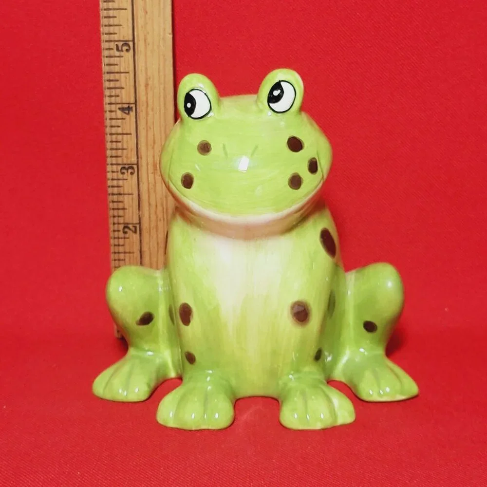 Tooth Brush Stand Frog Figurine 3 Hole Green Ceramic Hand Painted